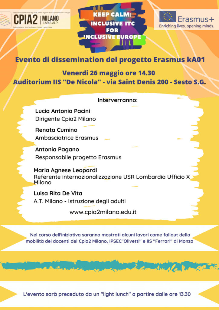 Cpia2 Milano: Dissemination event su  Erasmus +kA01 “keep calm: inclusive ICT for Inclusive Europe”.